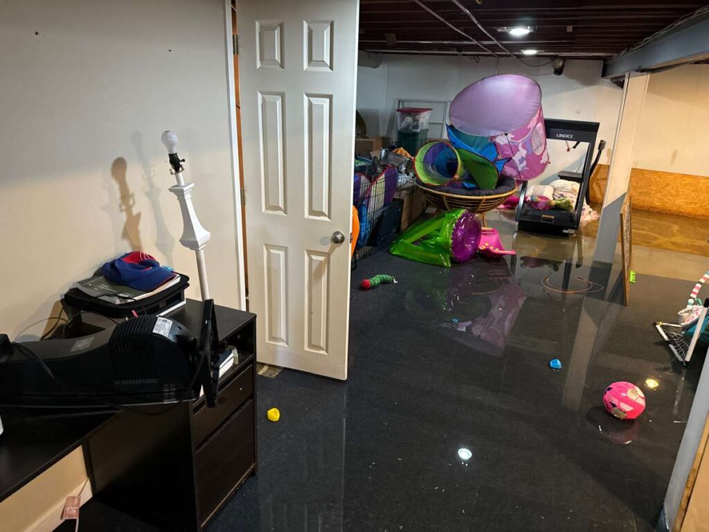 A finished basement flooded with standing water, with children's toys and furniture sitting in the water.