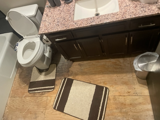 Water-damaged bathroom stripped to the plywood subfloor in Kansas City